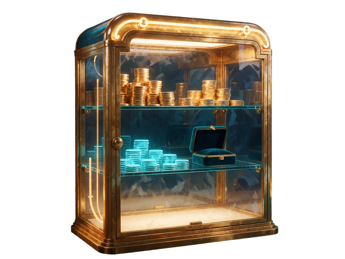 Szklana gablota art deco ze złotymi monetami i cyjanowymi żetonami - Coin Shop w programie VIP Wyns Casino