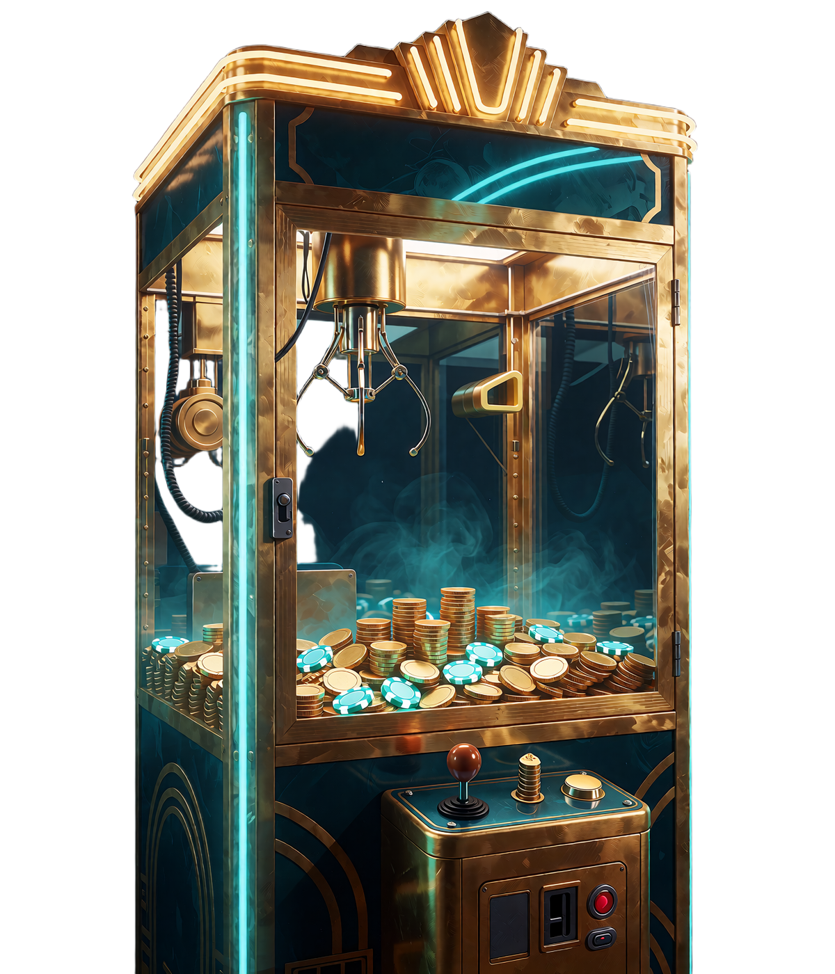 Art-deco automat z chwytakiem Bonus Crab: złoty chwytak opada na stos monet i żeton&oacute;w za szklaną szybą