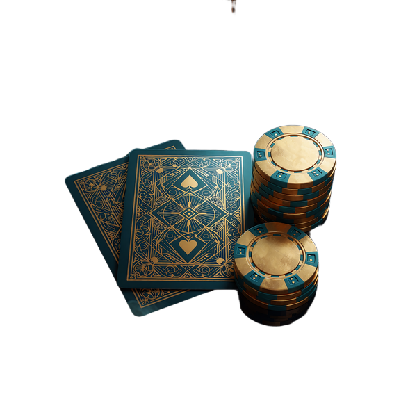 Dwie karty zakryte ozdobnym rewersem obok stosu żeton&oacute;w - ikona blackjacka w kasynie live i na stołach cyfrowych