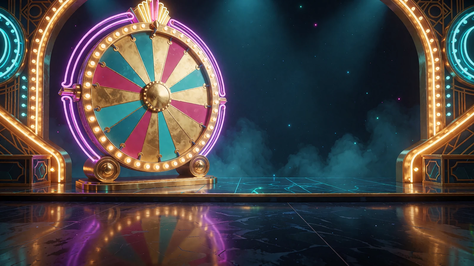 Pusta scena teleturnieju live z wielkim kołem fortuny i fioletowymi neonowymi łukami - kasyno live Wyns Casino